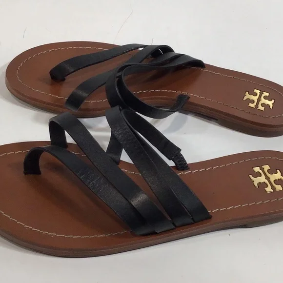 Tory Burch Black Leather Flat Strappy Women's Sandals Size 6.5M - Picture 3 of 7